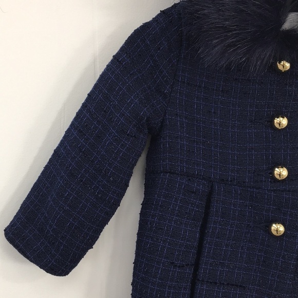 Janie+Jack Girls Navy Blue Dress Coat With Faux Fur Collar Size 6-12m NWT - Picture 2 of 8